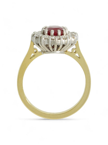 1.52ct Oval Cut Ruby & 0.74ct Round Brilliant Cut Diamond Cluster Ring in 18ct Yellow & White Gold