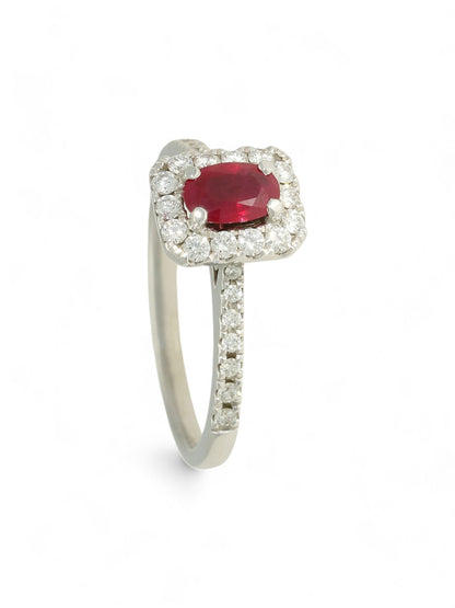 0.55ct Oval Cut Ruby & 0.37ct Diamond Cluster Ring in 18ct White Gold with Diamond Set Shoulders