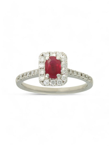 0.55ct Oval Cut Ruby & 0.37ct Diamond Cluster Ring in 18ct White Gold with Diamond Set Shoulders