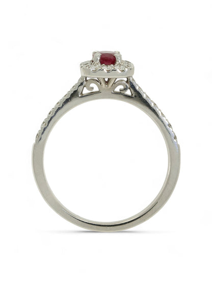 0.55ct Oval Cut Ruby & 0.37ct Diamond Cluster Ring in 18ct White Gold with Diamond Set Shoulders