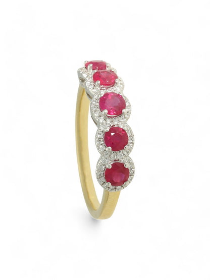 0.90ct Round Brilliant Cut Ruby & 0.15ct Diamond Cluster Ring in 18ct Yellow & White Gold