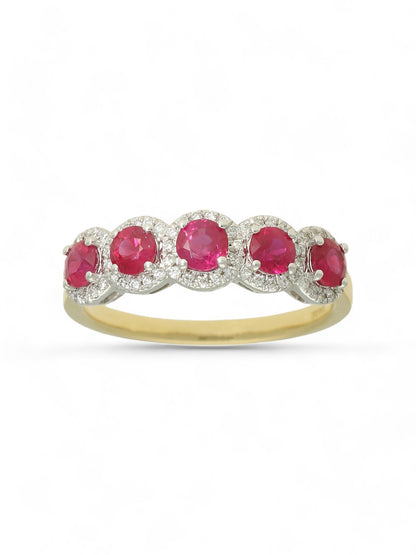 0.90ct Round Brilliant Cut Ruby & 0.15ct Diamond Cluster Ring in 18ct Yellow & White Gold