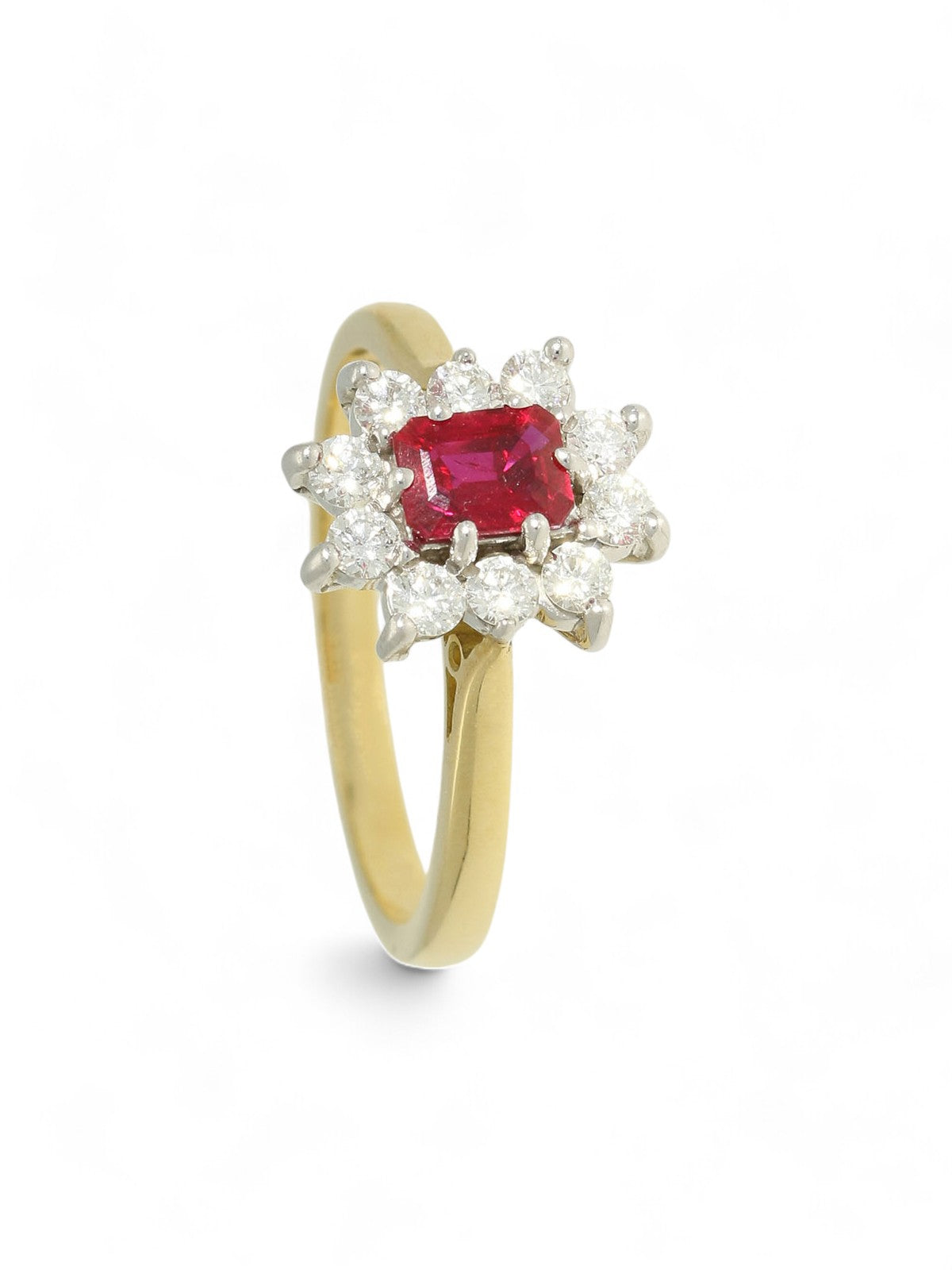 Ruby & Diamond Emerald Cut Cluster Ring in 18ct Yellow & White Gold