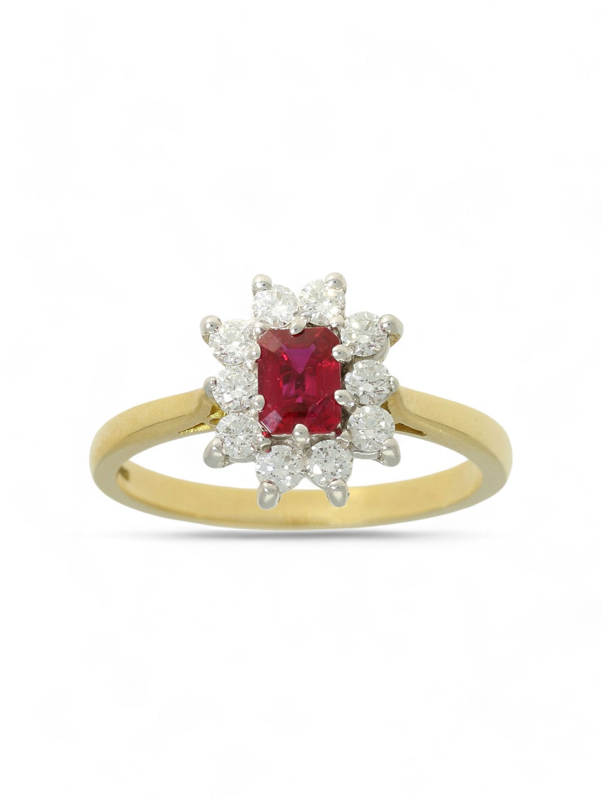 Ruby & Diamond Emerald Cut Cluster Ring in 18ct Yellow & White Gold