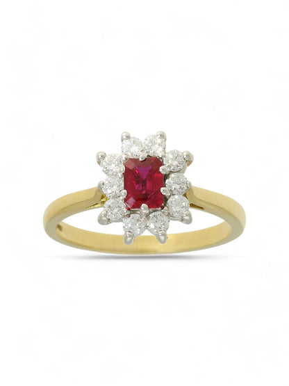 Ruby & Diamond Emerald Cut Cluster Ring in 18ct Yellow & White Gold
