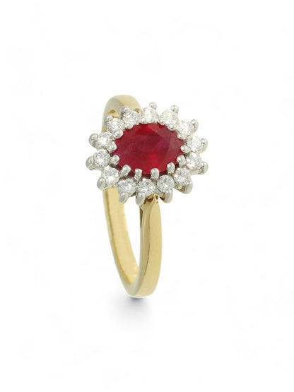 0.81ct Oval Cut Ruby & 0.24ct Round Brilliant Cut Diamond Oval Cut Cluster Ring in 18ct Yellow & White Gold