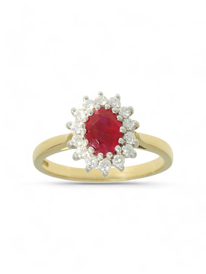 0.81ct Oval Cut Ruby & 0.24ct Round Brilliant Cut Diamond Oval Cut Cluster Ring in 18ct Yellow & White Gold