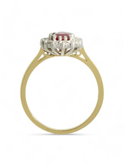 0.81ct Oval Cut Ruby & 0.24ct Round Brilliant Cut Diamond Oval Cut Cluster Ring in 18ct Yellow & White Gold