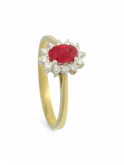 0.88ct Oval Cut Ruby & 0.17ct Round Brilliant Cut Diamond Cluster Ring in 18ct Yellow & White Gold