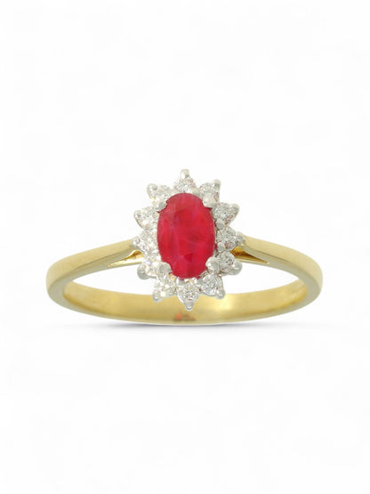 0.88ct Oval Cut Ruby & 0.17ct Round Brilliant Cut Diamond Cluster Ring in 18ct Yellow & White Gold