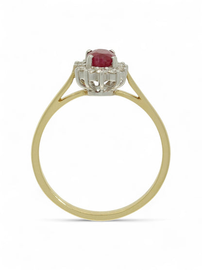0.88ct Oval Cut Ruby & 0.17ct Round Brilliant Cut Diamond Cluster Ring in 18ct Yellow & White Gold