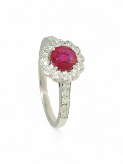 Ruby & Diamond Cluster Ring in 18ct White Gold with Diamond Set Shoulders