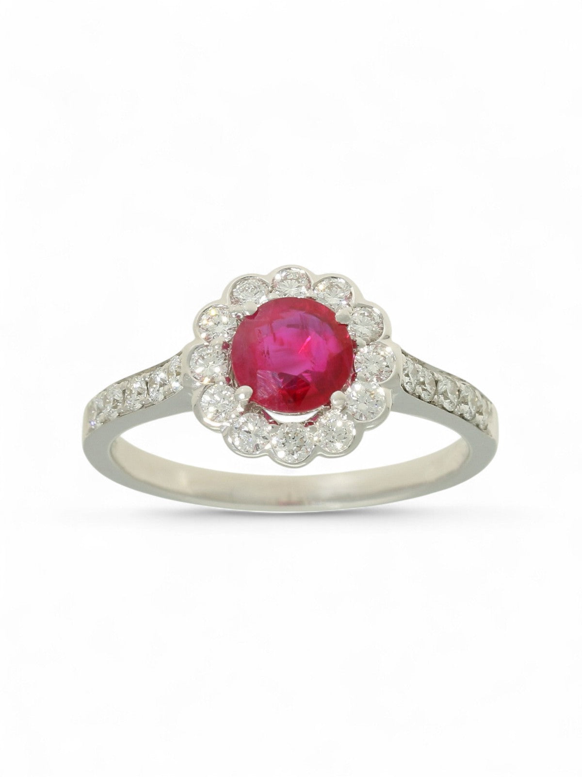Ruby & Diamond Cluster Ring in 18ct White Gold with Diamond Set Shoulders