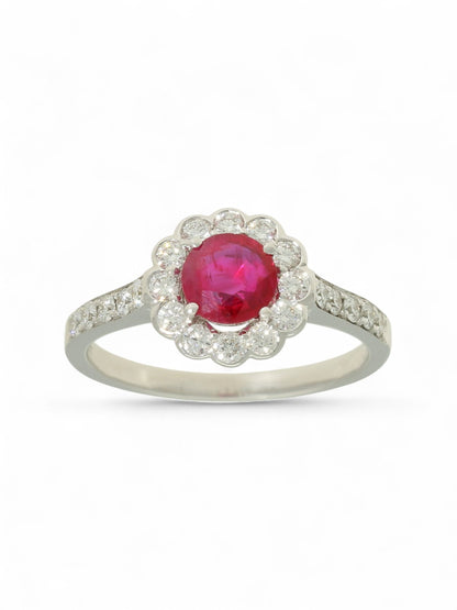Ruby & Diamond Cluster Ring in 18ct White Gold with Diamond Set Shoulders