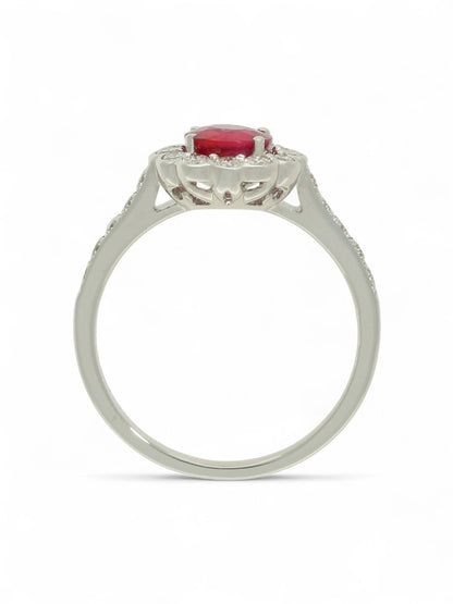 Ruby & Diamond Cluster Ring in 18ct White Gold with Diamond Set Shoulders