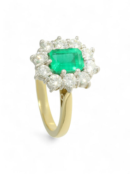 0.94ct Emerald Cut Emerald & 0.94ct Round Brilliant Cut Diamond Cluster Ring in 18ct Yellow & White Gold
