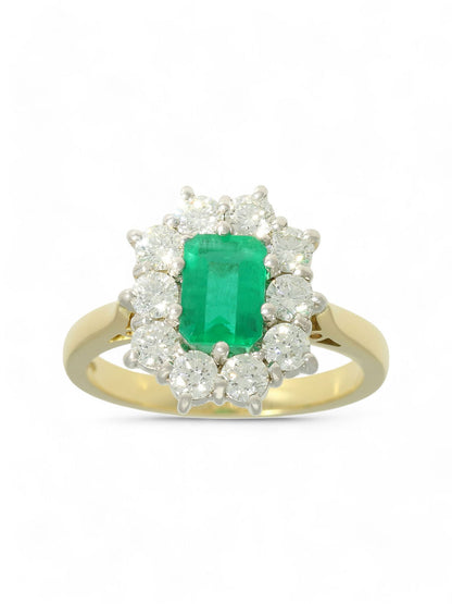 0.94ct Emerald Cut Emerald & 0.94ct Round Brilliant Cut Diamond Cluster Ring in 18ct Yellow & White Gold