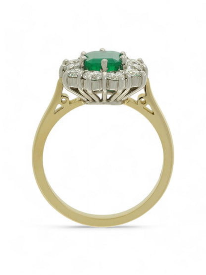 0.94ct Emerald Cut Emerald & 0.94ct Round Brilliant Cut Diamond Cluster Ring in 18ct Yellow & White Gold
