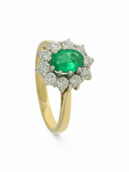 0.69ct Oval Cut Emerald & 0.56ct Round Brilliant Cut Diamond Cluster Ring in 18ct Yellow & White Gold