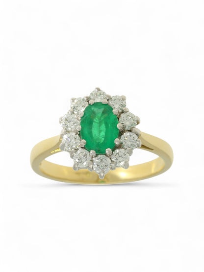 0.69ct Oval Cut Emerald & 0.56ct Round Brilliant Cut Diamond Cluster Ring in 18ct Yellow & White Gold