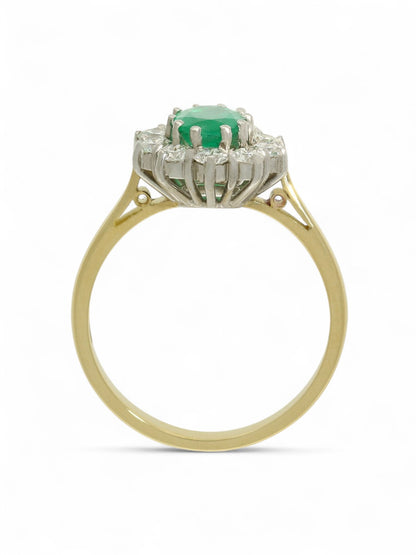 0.69ct Oval Cut Emerald & 0.56ct Round Brilliant Cut Diamond Cluster Ring in 18ct Yellow & White Gold