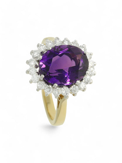 3.72ct Oval Cut Amethyst & 0.50ct Round Brilliant Cut Diamond Cluster Ring in 18ct Yellow & White Gold