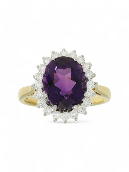 3.72ct Oval Cut Amethyst & 0.50ct Round Brilliant Cut Diamond Cluster Ring in 18ct Yellow & White Gold