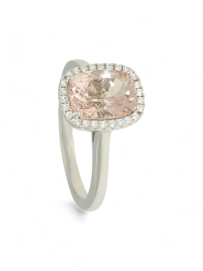2.08ct Oval Cut Morganite & 0.12ct Round Brilliant Diamond Halo Ring in 18ct White Gold