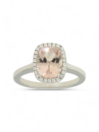 2.08ct Oval Cut Morganite & 0.12ct Round Brilliant Diamond Halo Ring in 18ct White Gold
