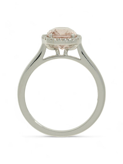 2.08ct Oval Cut Morganite & 0.12ct Round Brilliant Diamond Halo Ring in 18ct White Gold