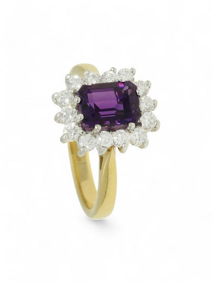 1.41ct Emerald Cut Amethyst & 0.61ct Round Brilliant Cut Diamond Cluster Ring in 18ct Yellow & White Gold