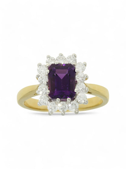 1.41ct Emerald Cut Amethyst & 0.61ct Round Brilliant Cut Diamond Cluster Ring in 18ct Yellow & White Gold