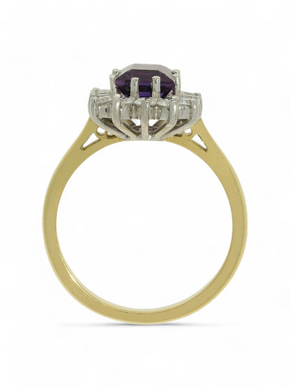 1.41ct Emerald Cut Amethyst & 0.61ct Round Brilliant Cut Diamond Cluster Ring in 18ct Yellow & White Gold