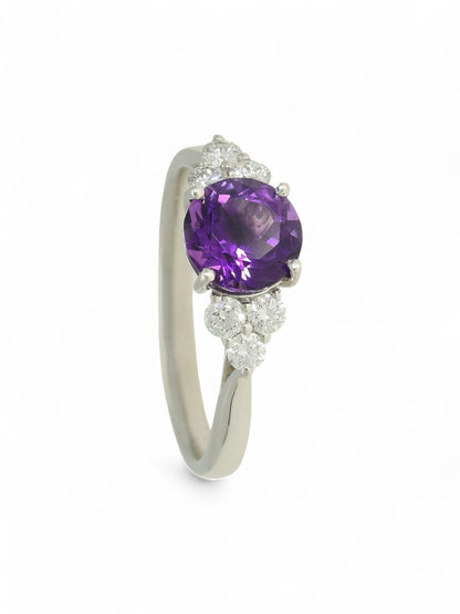 1.16ct Round Brilliant Cut Amethyst & 0.30ct Round Brilliant Cut Diamond Trefoil Cluster Ring in 18ct White Gold