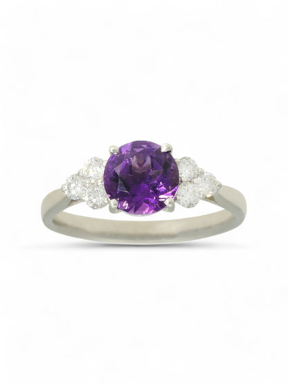 1.16ct Round Brilliant Cut Amethyst & 0.30ct Round Brilliant Cut Diamond Trefoil Cluster Ring in 18ct White Gold