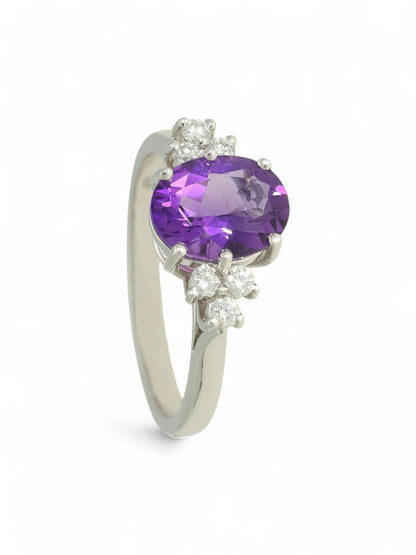 1.55ct Oval Cut Amethyst & 0.17ct Round Brilliant Cut Diamond Trefoil Cluster Ring in 18ct White Gold
