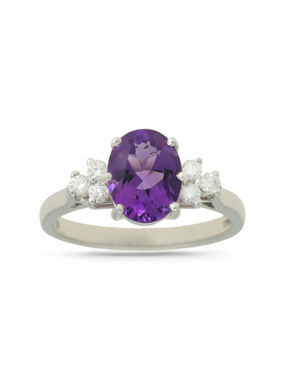 1.55ct Oval Cut Amethyst & 0.17ct Round Brilliant Cut Diamond Trefoil Cluster Ring in 18ct White Gold