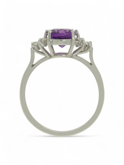 1.55ct Oval Cut Amethyst & 0.17ct Round Brilliant Cut Diamond Trefoil Cluster Ring in 18ct White Gold