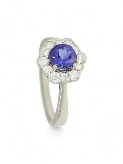0.95ct Round Brilliant Cut Tanzanite & 0.40ct Round Brilliant Cut Diamond Cluster Ring in 18ct White Gold
