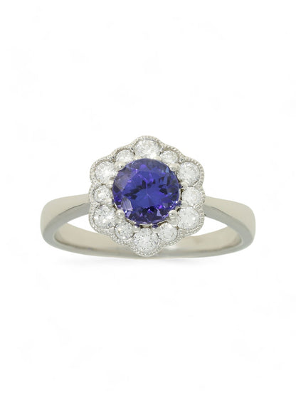 0.95ct Round Brilliant Cut Tanzanite & 0.40ct Round Brilliant Cut Diamond Cluster Ring in 18ct White Gold