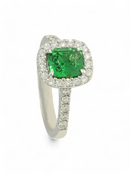 1.46ct Emerald Cut Tsavorite & 0.55ct Round Brilliant Cut Diamond Cluster Ring in 18ct White Gold with Diamond Shoulders