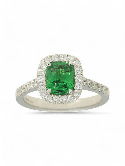 1.46ct Emerald Cut Tsavorite & 0.55ct Round Brilliant Cut Diamond Cluster Ring in 18ct White Gold with Diamond Shoulders