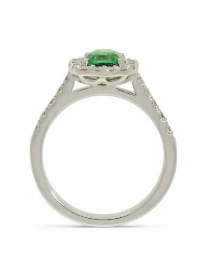 1.46ct Emerald Cut Tsavorite & 0.55ct Round Brilliant Cut Diamond Cluster Ring in 18ct White Gold with Diamond Shoulders