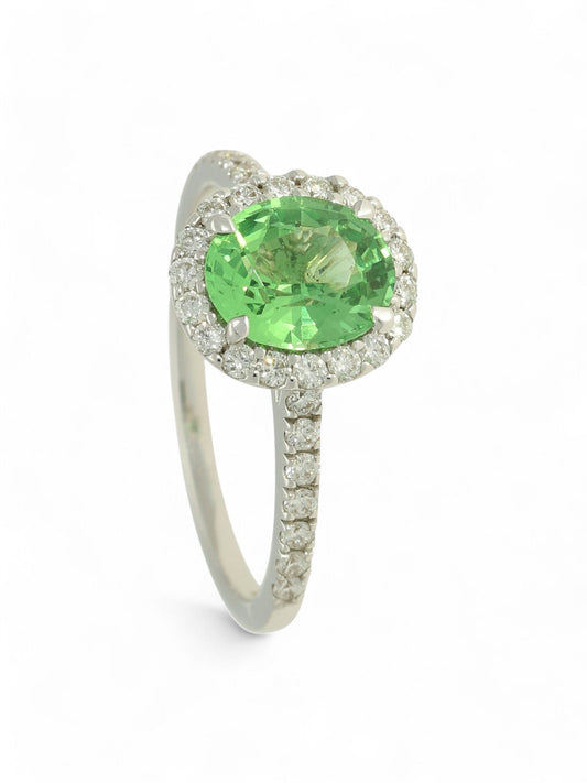 Tsavorite & Diamond Cluster Ring in 18ct White Gold with Diamond Set Shoulders