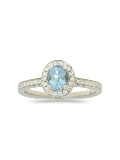 0.64ct Oval Cut Aquamarine & 0.19ct Round Brilliant Cut Diamond Cluster Ring in 18ct White Gold with Diamond Shoulders