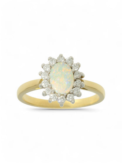 0.42ct Oval Cut Opal & 0.25ct Round Brilliant Cut Diamond Cluster Ring in 18ct Yellow & White Gold