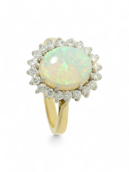 2.36ct Oval Cut Opal & 0.51ct Round Brilliant Cut Diamond Cluster Ring in 18ct Yellow & White Gold