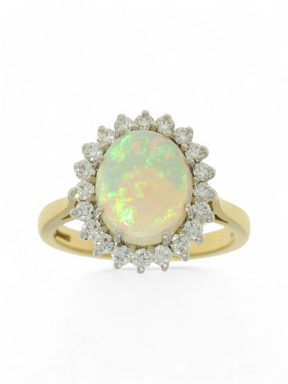 2.36ct Oval Cut Opal & 0.51ct Round Brilliant Cut Diamond Cluster Ring in 18ct Yellow & White Gold