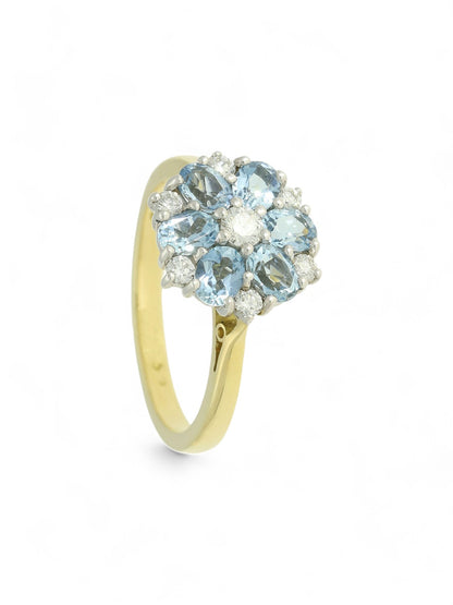 0.94ct Oval Cut Aquamarine & 0.24ct Round Brilliant Cut Diamond Cluster Ring in 18ct Yellow & White Gold