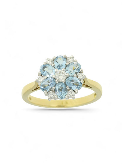 0.94ct Oval Cut Aquamarine & 0.24ct Round Brilliant Cut Diamond Cluster Ring in 18ct Yellow & White Gold